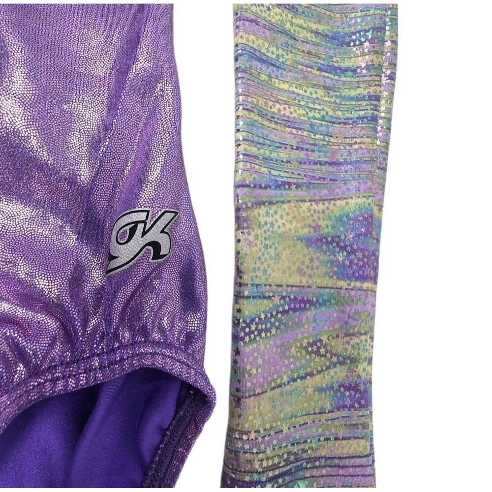 GK Elite VTG Purple Rainbow Brite Stars LS Metallic Sparkle Leotard AS Adult S